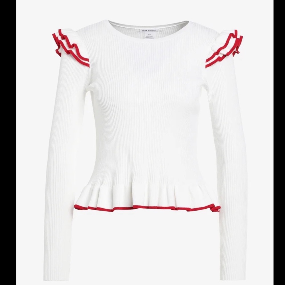 MOVING SALE Club Monaco White Ruffled Long-Sleeve Top with Red Trim